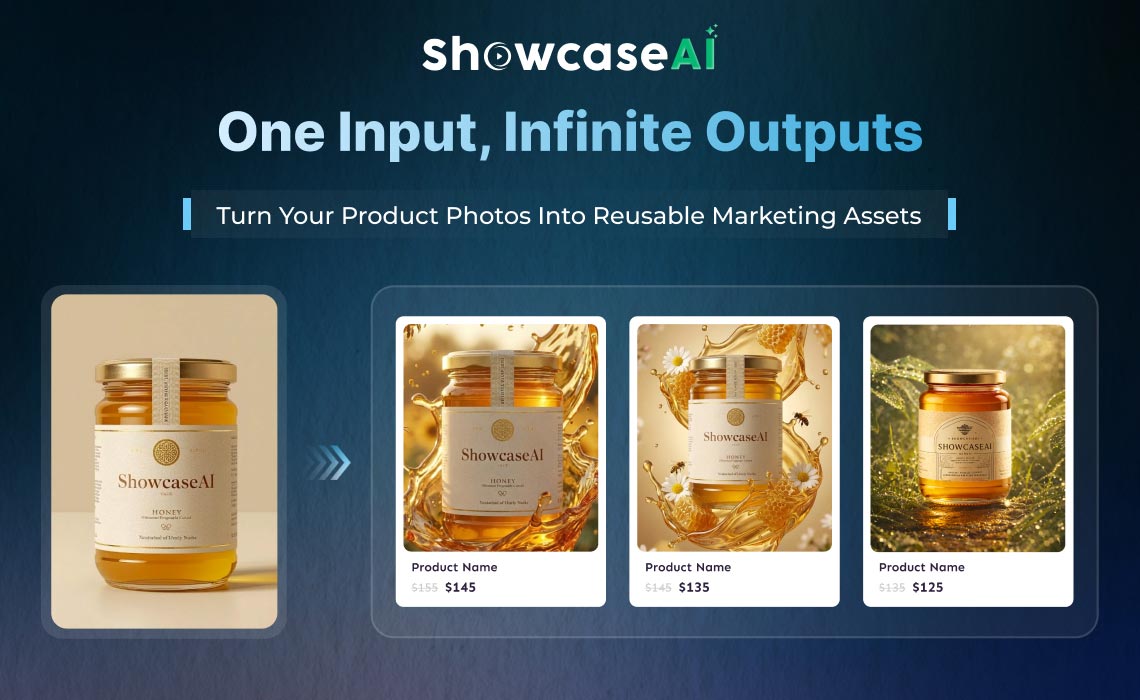 Single product photo transformed into multiple e-commerce marketing visuals and product variations using ShowcaseAI