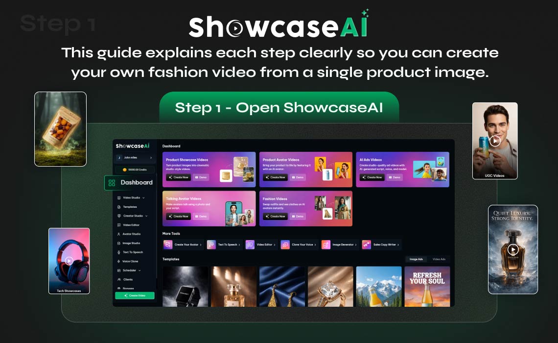 A guide overview titled "Step 1 - Open ShowcaseAI." The main dashboard is displayed with several "Create Now" options, including Product Showcase Videos, Product Avatar Videos, and Fashion Videos. A side panel shows various studio tools like Image Studio and Voice Clone.