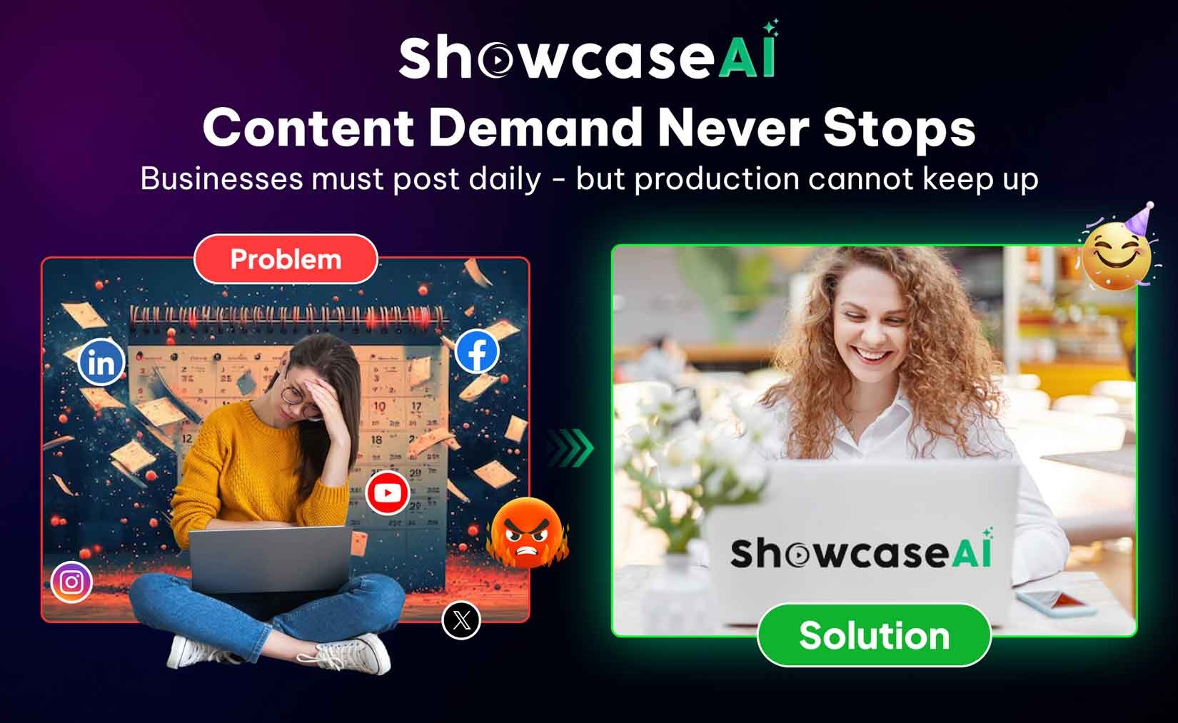 A "Problem vs. Solution" infographic. On the left, a stressed woman is overwhelmed by a busy content calendar and social media icons. On the right, the "Solution" shows a happy woman easily working on a laptop with the ShowcaseAI logo. The headline reads "Content Demand Never Stops."