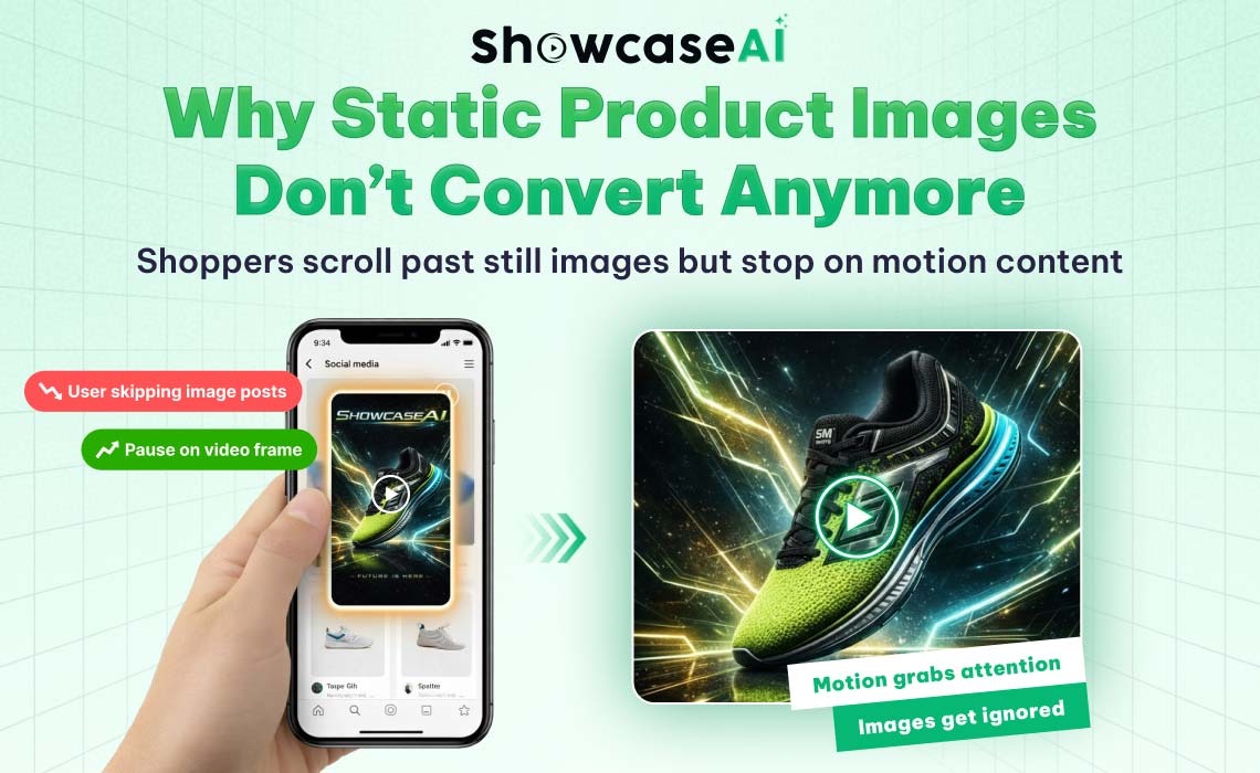 An educational graphic titled "Why Static Product Images Don’t Convert Anymore." It features a hand holding a smartphone where a user is skipping static image posts but pausing on a high-energy motion video of a sneaker.