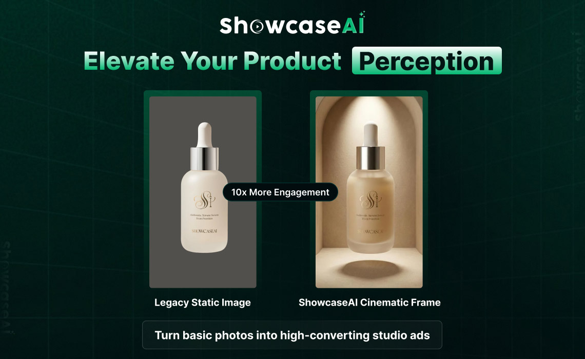 Before and after comparison of a skincare product image transformed into a high-quality cinematic advertising frame using ShowcaseAI
