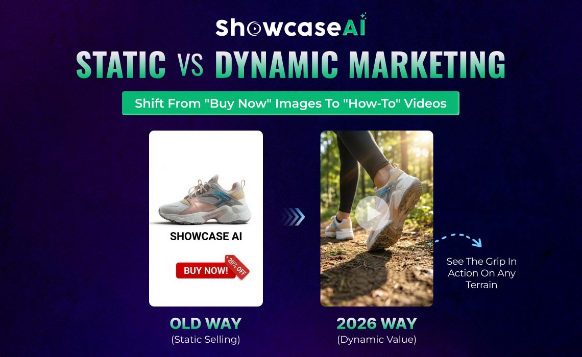 Comparison between static product image advertising and dynamic video marketing demonstrating higher engagement with video content