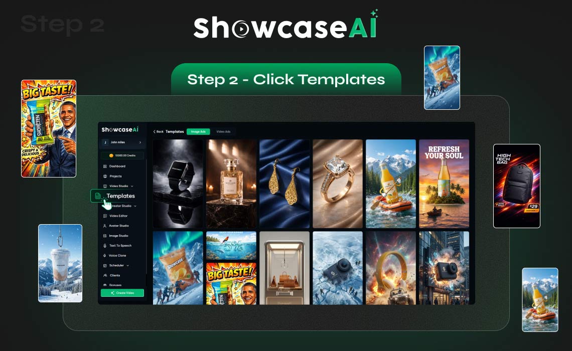 An interface labeled "Step 2 - Click Templates." The user is navigating to the "Templates" tab on the left sidebar. The main view displays a grid of various AI-generated image ad examples, such as jewelry, perfumes, and watches.