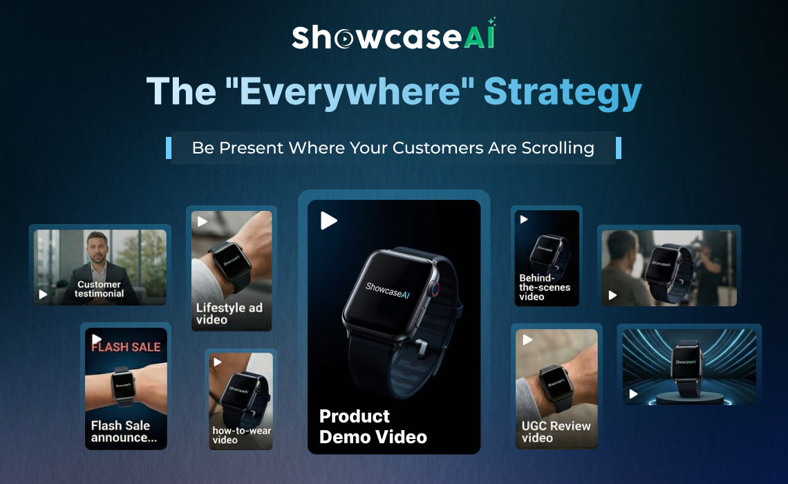Different marketing video formats including testimonials, product demo, UGC and ads created and distributed using ShowcaseAI