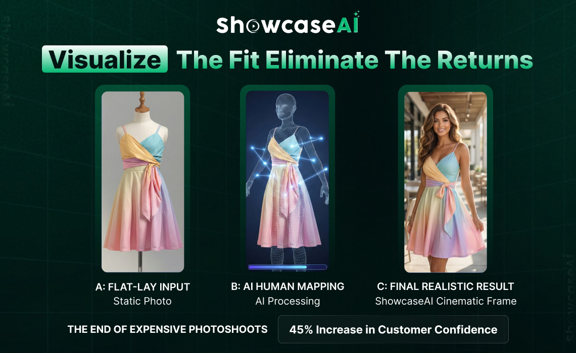 AI virtual try-on technology mapping a dress onto a model to create a realistic product visualization and reduce returns