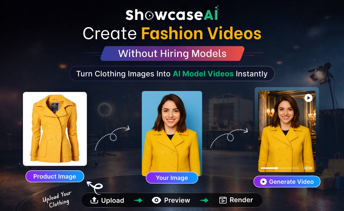 A promotional graphic for ShowcaseAI titled "Create Fashion Videos Without Hiring Models." It features a three-step visual process: an original product image of a yellow jacket, a "Your Image" preview showing a model wearing the jacket, and a final "Generate Video" frame. A tagline at the bottom reads "Upload -> Preview -> Render.