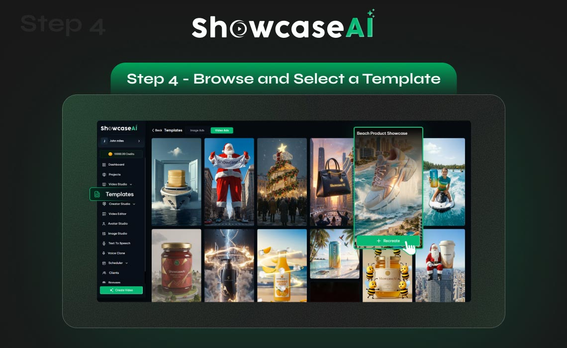 Labeled "Step 4 - Browse and Select a Template." A cursor is hovering over a "Beach Product Showcase" template featuring a floating sneaker over ocean waves. A green "Recreate" button is visible on the selected template.