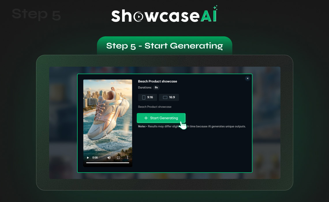 Labeled "Step 5 - Start Generating." A pop-up window shows the selected beach template with a "Start Generating" button. It includes a note that AI generates unique outputs each time.