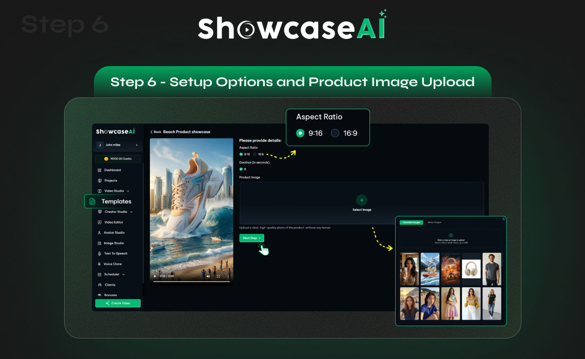 Labeled "Step 6 - Setup Options and Product Image Upload." This screen allows users to select an Aspect Ratio (9:16 or 16:9) and upload a product image. A sub-window shows a library of previously uploaded images for selection.