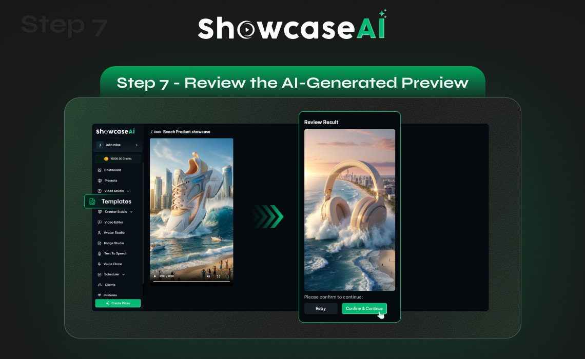 Labeled "Step 7 - Review the AI-Generated Preview." The screen shows an original sneaker template side-by-side with a new preview featuring high-end headphones in the same beach setting. A "Confirm & Continue" button is highlighted.