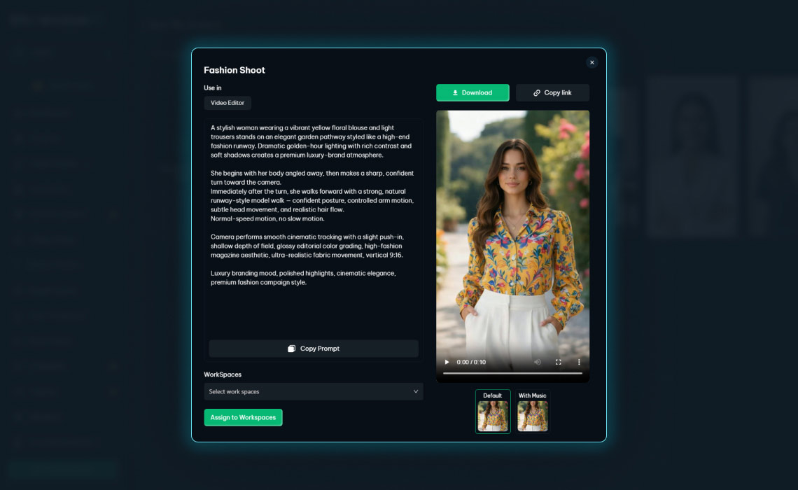 A dashboard view of a completed "Fashion Shoot" project. It shows a video player featuring a model in a floral blouse and white trousers. To the left, there is a detailed AI-generated scene description and buttons to "Download," "Copy Link," or "Copy Prompt."