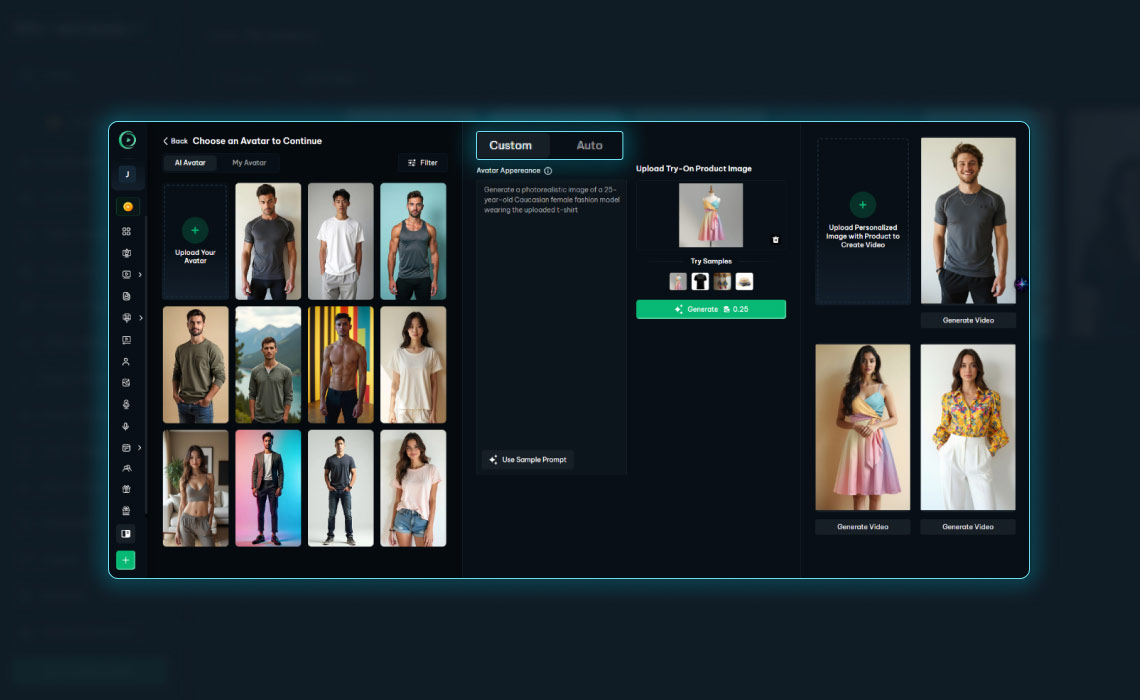The interface highlighting the "Custom" and "Auto" creation modes. The "Custom" tab is active, allowing users to input specific appearance descriptions for the AI model.