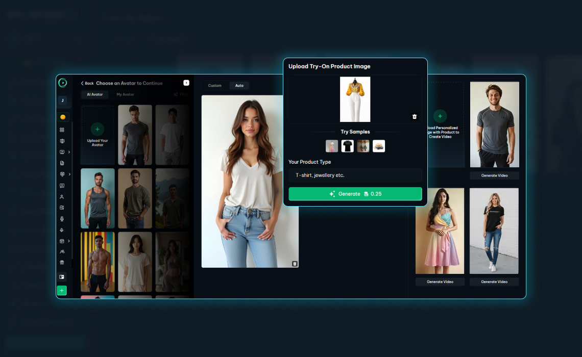 A close-up of the "Upload Try-On Product Image" module. A floral yellow blouse has been uploaded, and the user is prompted to enter the product type (e.g., "blouse").