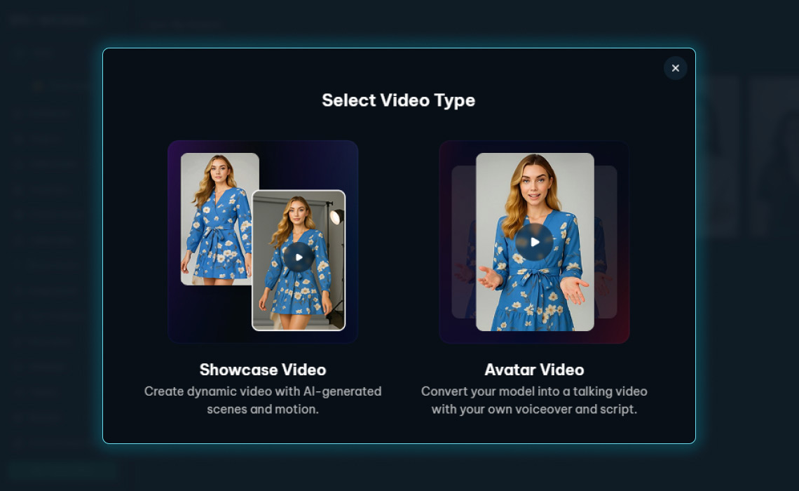 A selection pop-up asking the user to choose between a "Showcase Video" (dynamic scenes and motion) or an "Avatar Video" (talking video with voiceover and script).