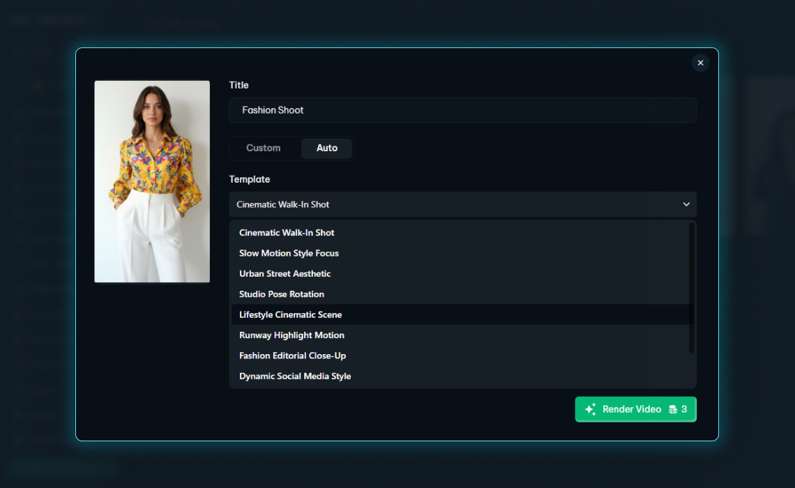 The video rendering configuration screen. A dropdown menu titled "Template" shows options like "Cinematic Walk-In Shot," "Slow Motion Style Focus," and "Lifestyle Cinematic Scene."