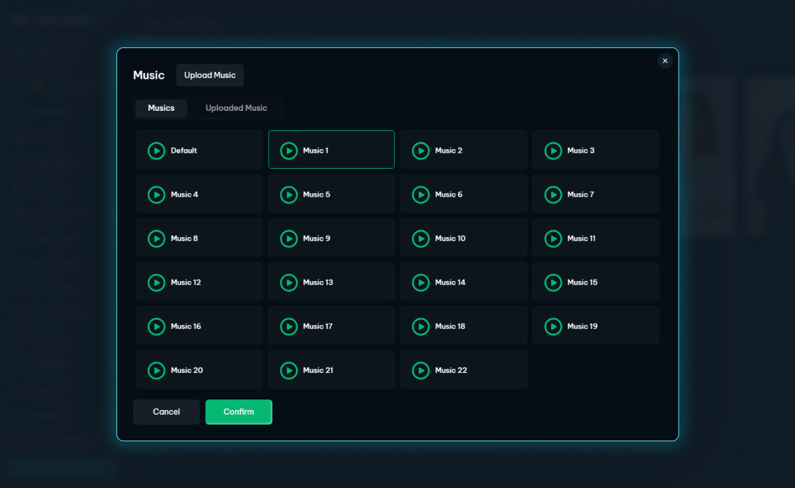 A music selection library titled "Music," displaying a grid of numbered audio tracks (Music 1 through Music 22) with a "Confirm" button to finalize the selection.