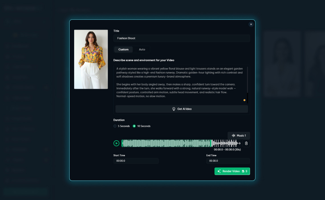The final configuration screen for the video project titled "Fashion Shoot." It shows a "Custom" scene description box filled with a detailed prompt about a model on an elegant garden pathway with dramatic golden-hour lighting. Below the prompt, there are options to select a "Duration" (10 seconds is selected) and an audio timeline showing "Music 1" with adjustable "Start Time" and "End Time" fields. A green "Render Video" button in the bottom right corner indicates the cost of 3 credits to finalize the generation.