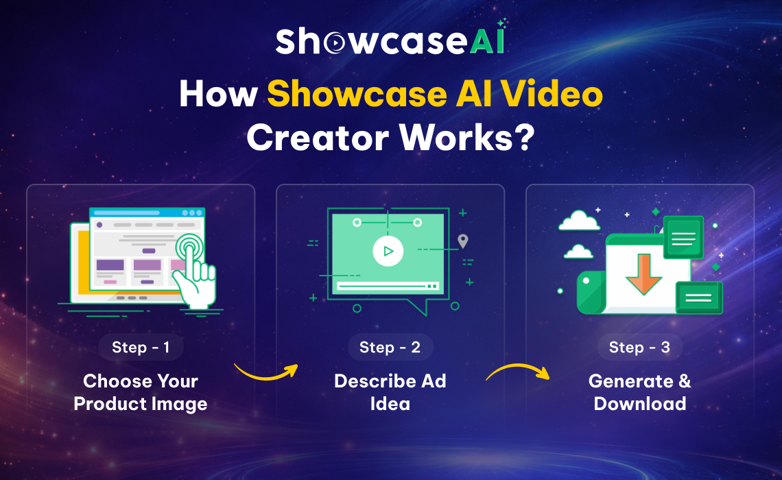 ShowcaseAI workflow showing product image selection, ad idea description, and video generation process
