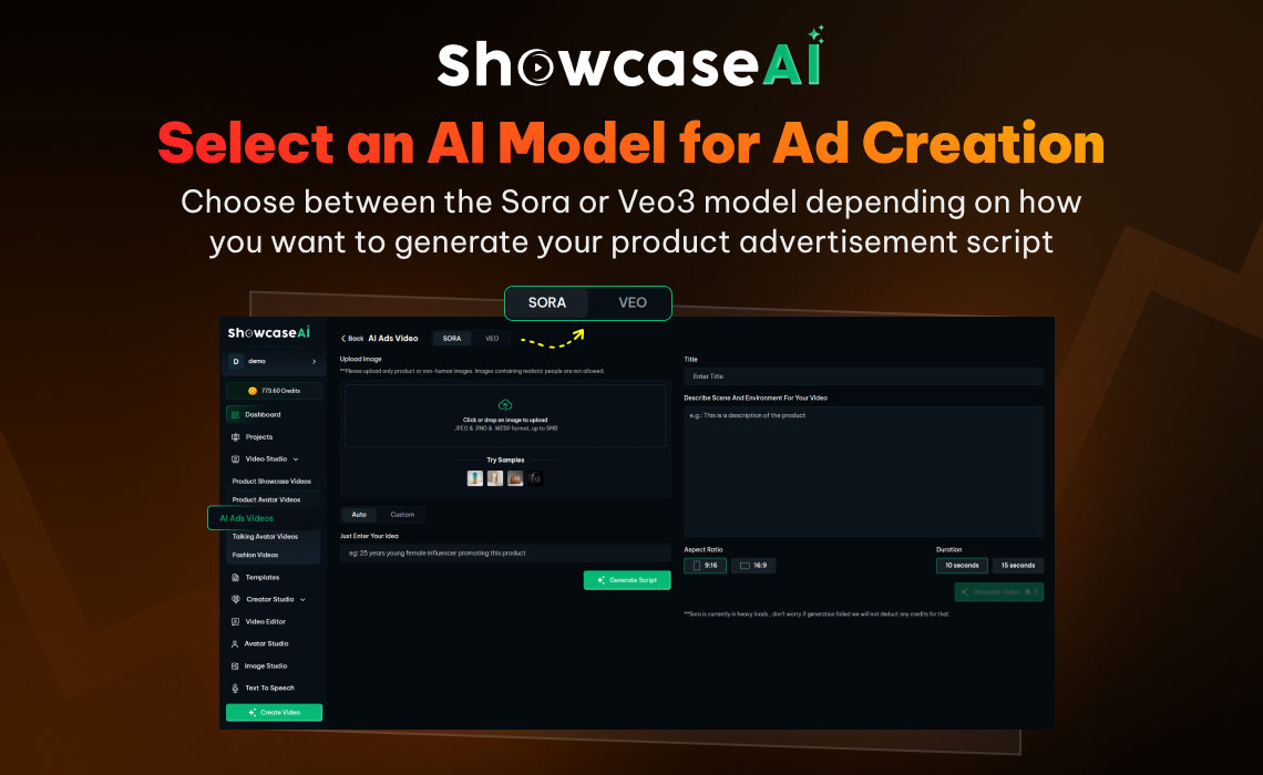 An interface screen titled "Select an AI Model for Ad Creation." It shows a toggle switch at the top allowing the user to choose between the "Sora" or "Veo3" AI models to generate the advertisement script and visuals.