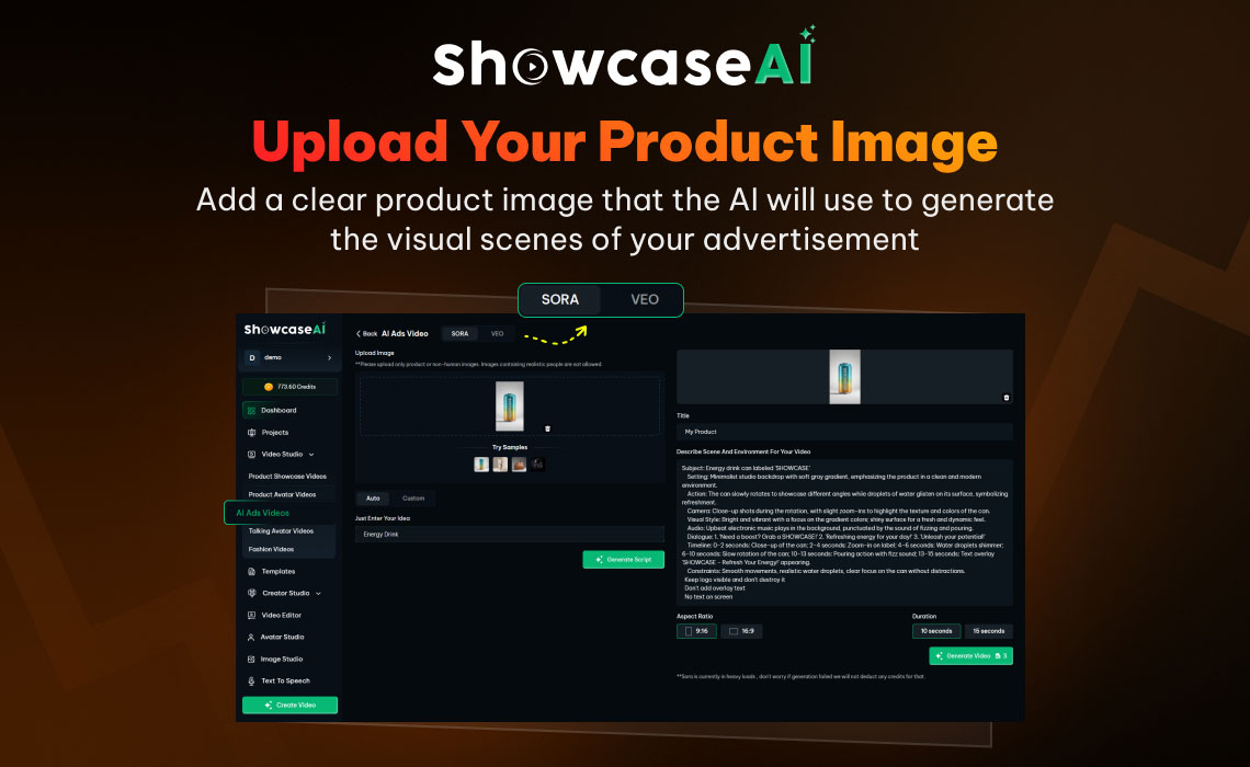 A screenshot titled "Upload Your Product Image." The interface shows a drag-and-drop upload area where a colorful energy drink can has been uploaded. Below the upload, a "Just Enter Your Idea" text box contains the prompt "Energy Drink."