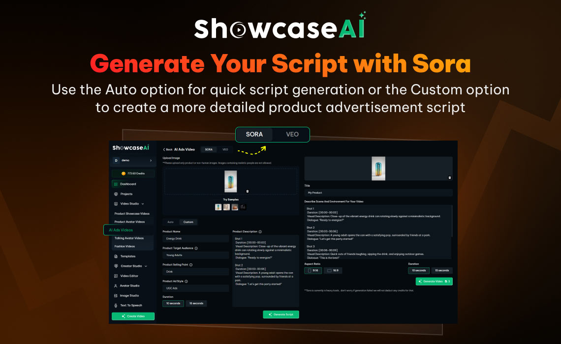 An interface screen titled "Generate Your Script with Sora." It shows the "Custom" script option selected, displaying a detailed multi-shot storyboard with descriptions for visual scenes, dialogue, and timing for an energy drink commercial.