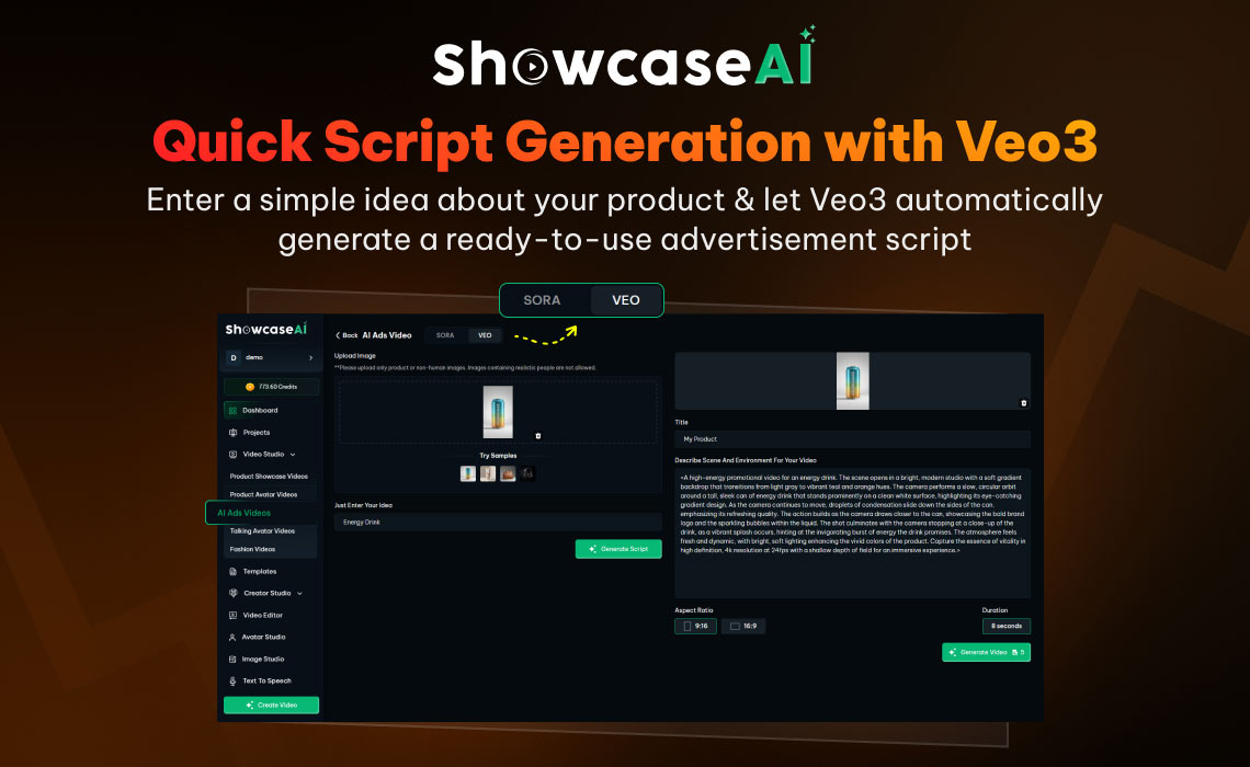 A screenshot titled "Quick Script Generation with Veo3." This view shows the Veo3 model generating a single, cohesive descriptive paragraph for the video scene and environment based on the "Energy Drink" prompt.