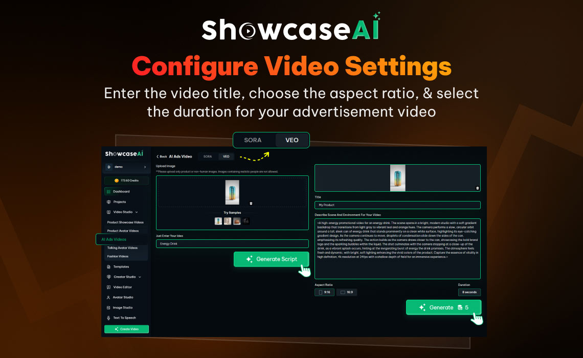 An interface screen titled "Configure Video Settings." Green highlights indicate the fields for entering a video title, selecting an aspect ratio (9:16 or 16:9), and choosing a duration. A cursor is shown clicking the "Generate" button.