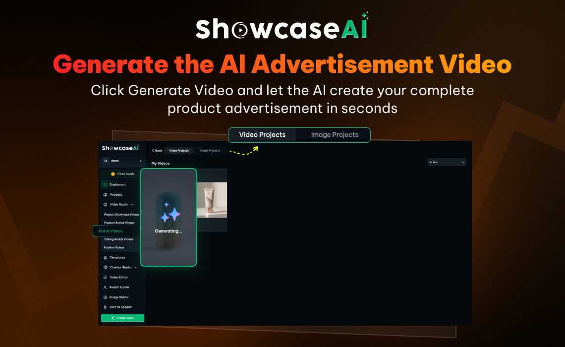 A screenshot titled "Generate the AI Advertisement Video." The view shifts to the "Video Projects" tab, showing a thumbnail of the energy drink with a "Generating..." loading overlay and a progress icon.