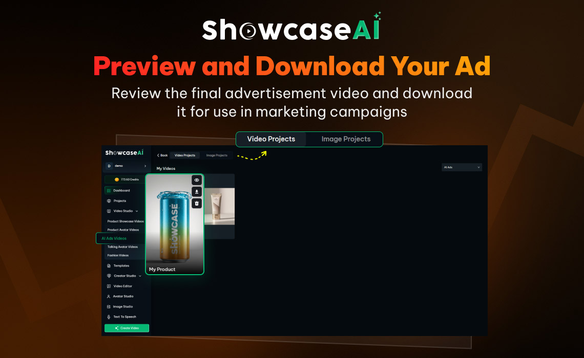 The final step titled "Preview and Download Your Ad." The energy drink video is now complete in the "My Videos" gallery. Action icons are visible on the thumbnail for previewing, downloading, or deleting the final marketing video.