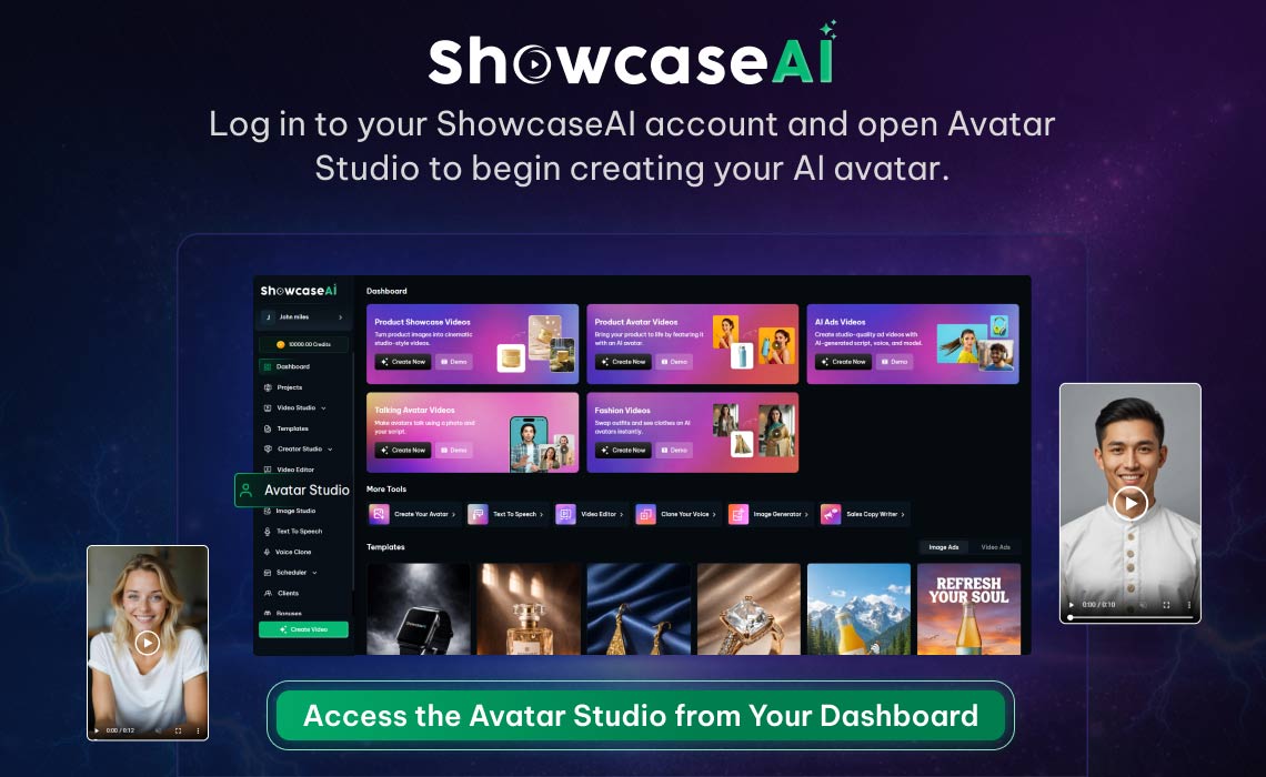 Dashboard interface showing the 'Avatar Studio' menu option highlighted in the left-hand navigation bar, used to start the creation process.