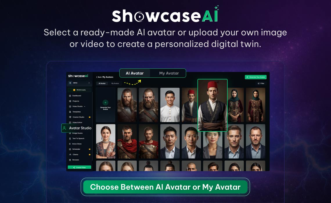 Selection screen with two large buttons: 'AI Avatar' for generating a new character and 'My Avatar' for managing existing creations.