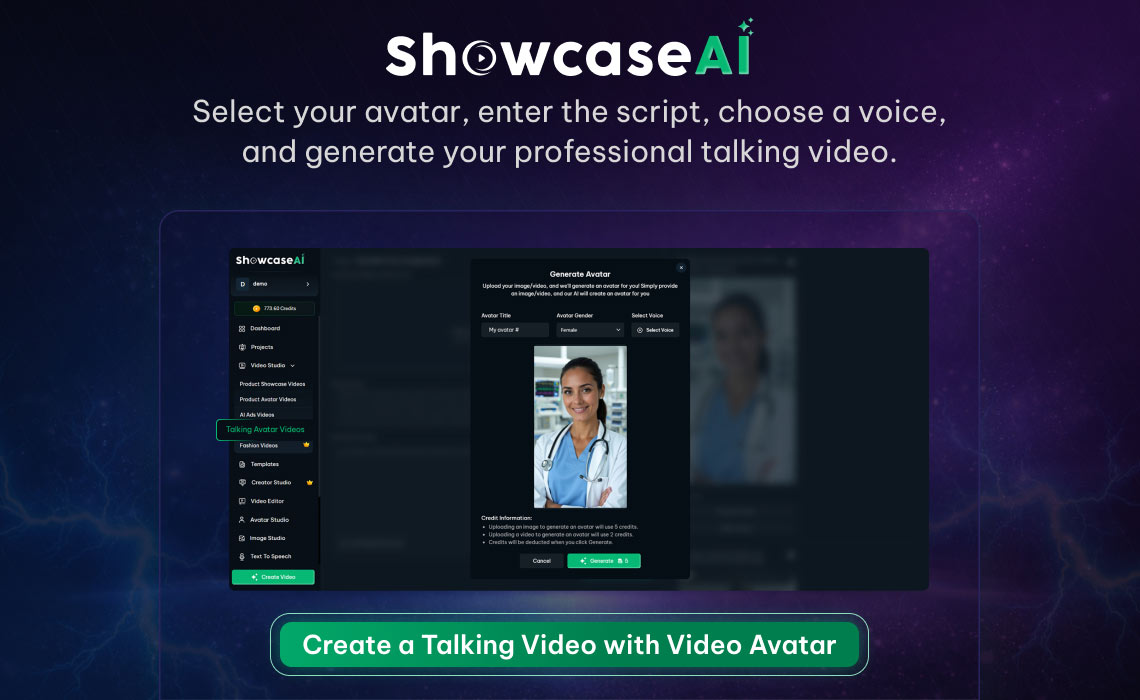 The video editor interface where users can enter a text script, select a voice/language, and animate the avatar to speak.