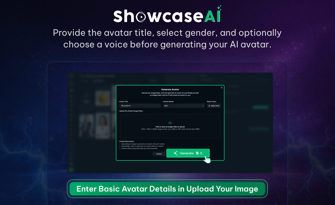 A setup form where users can input the 'Avatar Name' and select the 'Gender' (Male/Female) to define the character's core identity.