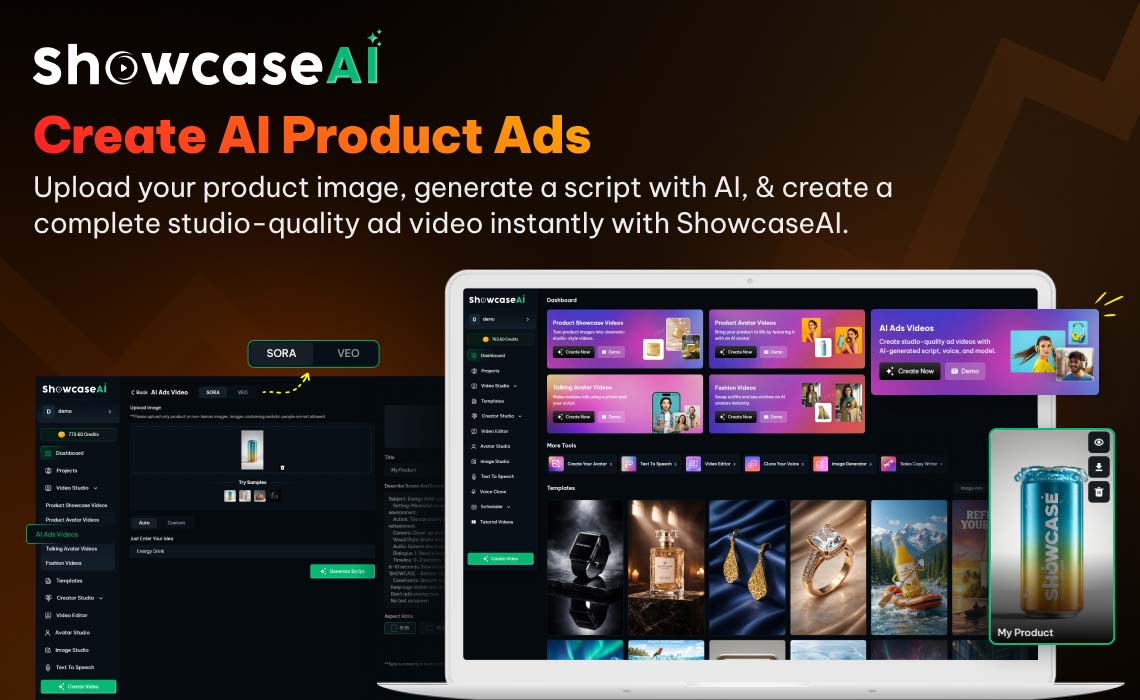A hero image titled "Create AI Product Ads" featuring a laptop display of the ShowcaseAI dashboard. Surrounding the laptop are floating examples of AI-generated advertisements for watches, jewelry, and energy drinks, highlighting the platform's ability to create studio-quality video from product images.
