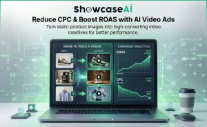 A digital illustration showcasing the "ShowcaseAI" platform on a laptop screen, demonstrating the "Image to Video AI Engine" which converts static product photos (shoes, coffee, apparel) into motion video ads. To the right, a "Campaign Analytics" dashboard displays a green rising line graph indicating a 300% increase in ROAS and a 50% reduction in CPC.