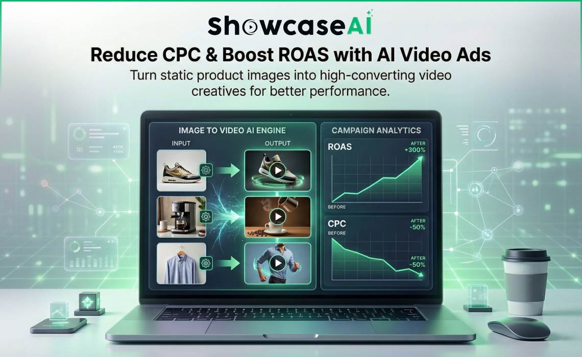 A digital illustration showcasing the "ShowcaseAI" platform on a laptop screen, demonstrating the "Image to Video AI Engine" which converts static product photos (shoes, coffee, apparel) into motion video ads. To the right, a "Campaign Analytics" dashboard displays a green rising line graph indicating a 300% increase in ROAS and a 50% reduction in CPC.