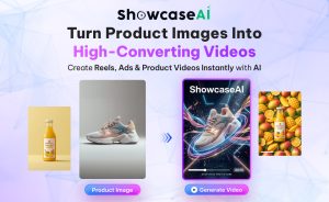 A promotional graphic for ShowcaseAI demonstrating the transformation of a static sneaker photo and mango juice bottle into a dynamic, high-energy promotional video with neon light trails and a "Step into the future" caption.