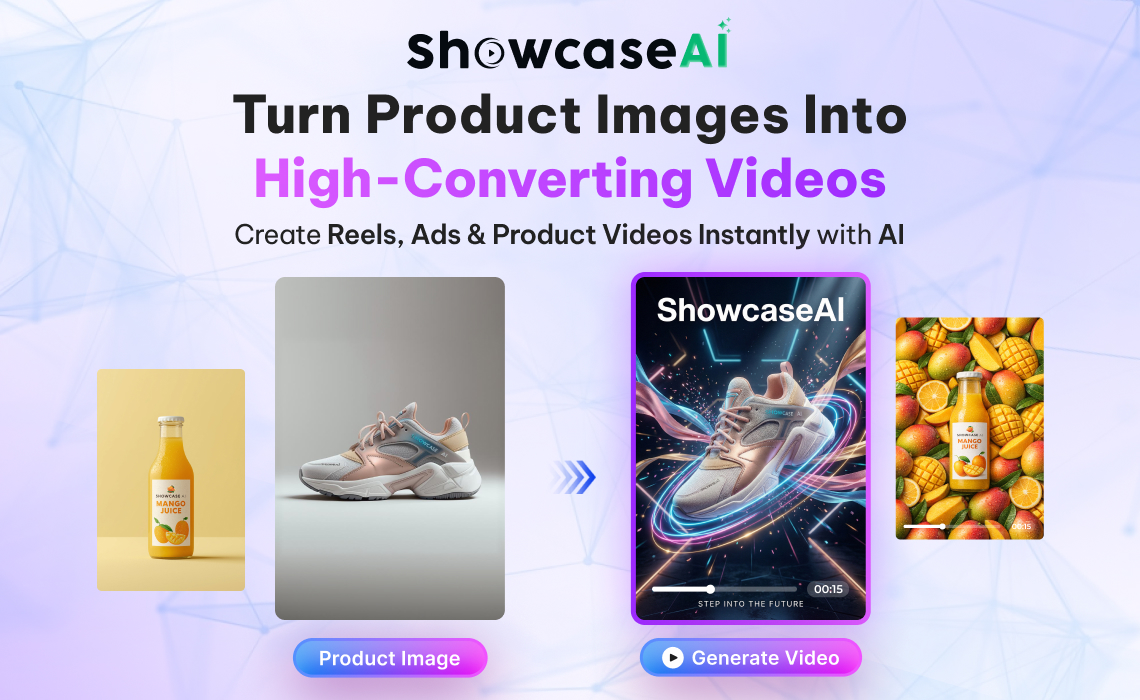 A promotional graphic for ShowcaseAI demonstrating the transformation of a static sneaker photo and mango juice bottle into a dynamic, high-energy promotional video with neon light trails and a "Step into the future" caption.