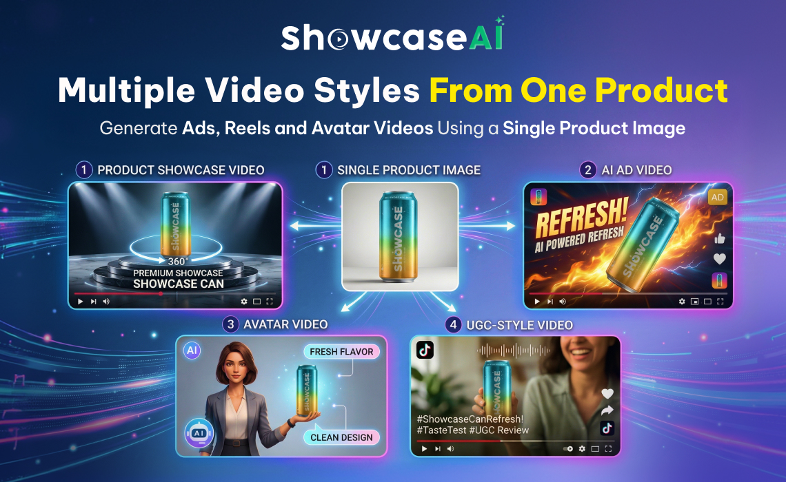 A diagram illustrating four video styles generated from a single can image: a 360-degree premium showcase, a high-impact AI ad with fire effects, an AI avatar spokesperson video, and a TikTok-style UGC review video.