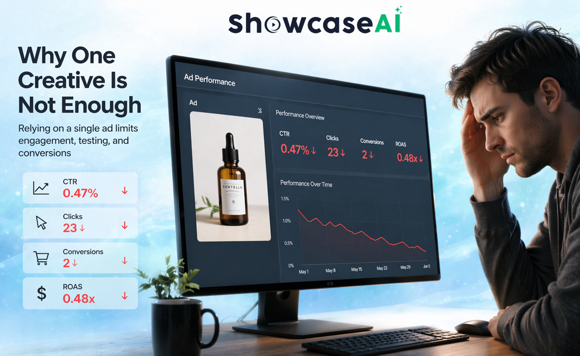 A digital marketing promotional graphic for "Showcase AI" titled "Why One Creative Is Not Enough." On the right, a stressed man sits at a desk with his hand to his head, looking at a computer monitor displaying poor "Ad Performance" metrics for a skincare product. The screen and a sidebar show declining red statistics, including a 0.47% CTR, 23 clicks, 2 conversions, and a 0.48x ROAS. A performance graph illustrates a sharp downward trend from May to June, emphasizing the risks of relying on a single ad creative.