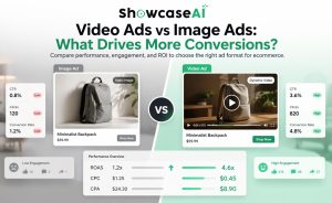 Comparison infographic titled 'Video Ads vs Image Ads' highlighting data-driven performance metrics for e-commerce advertising, demonstrating superior ROI, conversion rates, and engagement for video content over static images.