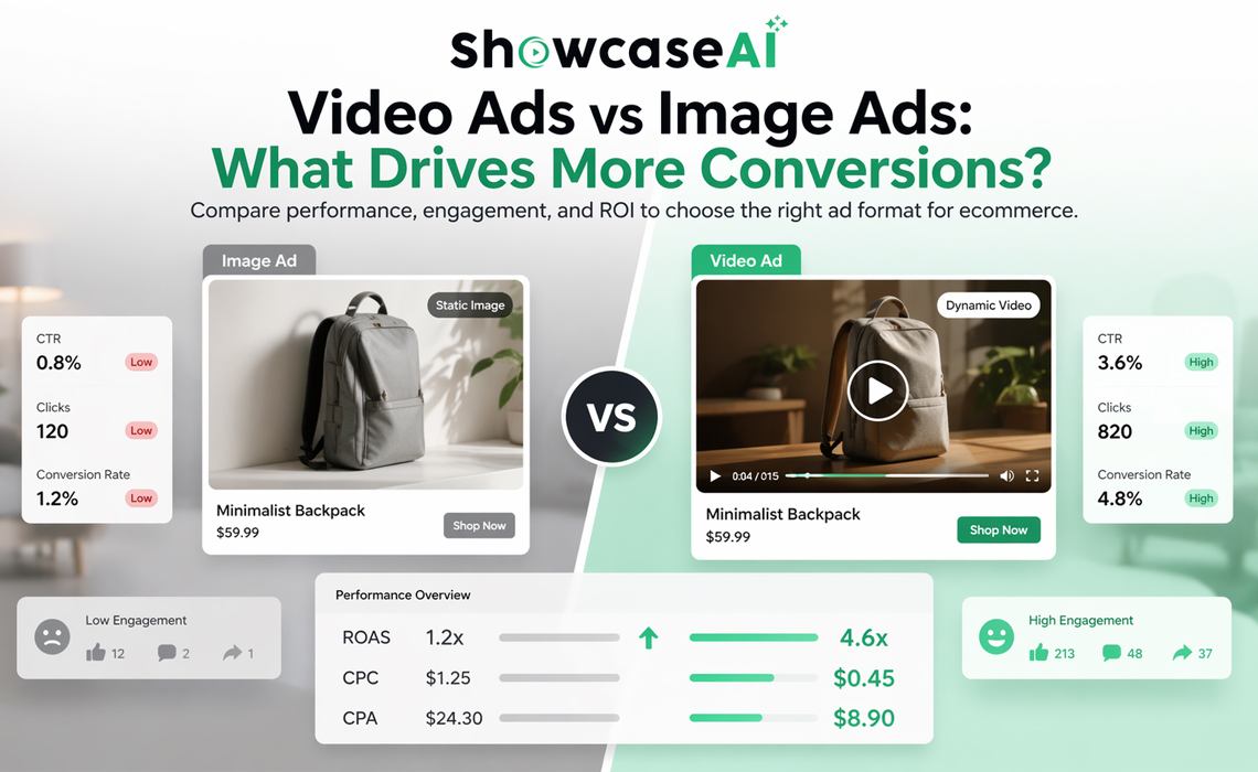 Comparison infographic titled 'Video Ads vs Image Ads' highlighting data-driven performance metrics for e-commerce advertising, demonstrating superior ROI, conversion rates, and engagement for video content over static images.