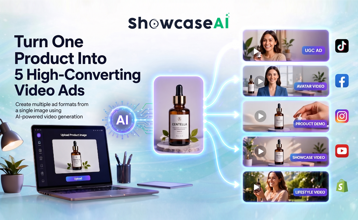 A professional promotional graphic for "Showcase AI" demonstrating how a single product photo of a "Centella" skincare bottle can be transformed into five different high-converting video ad formats. The image features a laptop on a desk showing the upload interface, an AI-powered processing animation, and a sidebar displaying five video preview tiles: UGC Ad, Avatar Video, Product Demo, Showcase Video, and Lifestyle Video, alongside social media icons for TikTok, Facebook, Instagram, YouTube, and Shopify.
