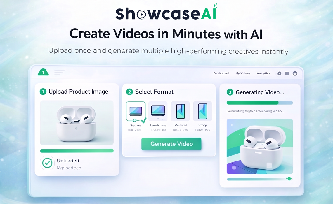 A promotional graphic for "Showcase AI" titled "Create Videos in Minutes with AI." The image displays a clean, 3-step user interface walkthrough: Step 1 shows an uploaded photo of wireless earbuds; Step 2 presents format options including Square, Landscape, Vertical, and Story; Step 3 shows a progress bar as the AI generates the high-performing video creative. The design uses a professional white and green color palette, emphasizing a streamlined workflow for instant ad generation.
