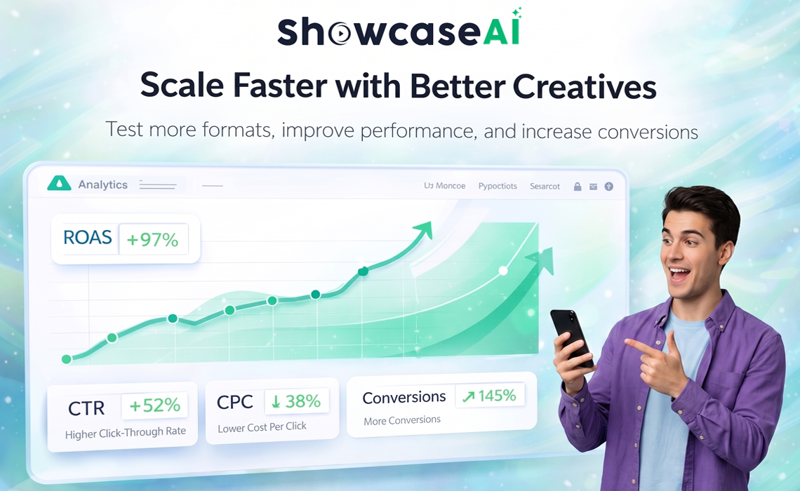 A bright, high-energy promotional graphic for "Showcase AI" titled "Scale Faster with Better Creatives." On the right, an excited man in a purple shirt points to his smartphone while looking at a large digital analytics dashboard. The dashboard displays a green upward-trending line graph and key performance indicators (KPIs) showing positive results: ROAS +97%, CTR +52%, CPC -38%, and Conversions +145%. The background features a soft, light blue bokeh effect, conveying a message of growth and advertising success.