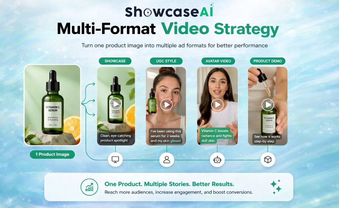 An infographic titled "Multi-Format Video Strategy" for "Showcase AI," illustrating the process of turning a single product image of a "Vitamin C Serum" into four distinct ad formats. The graphic shows the original bottle on the left, with arrows pointing to four vertical video previews: a "Showcase" spotlight, a "UGC Style" testimonial, an "Avatar Video" featuring a female spokesperson, and a "Product Demo" showing the serum being applied. A footer tagline reads, "One Product. Multiple Stories. Better Results," highlighting the goal of increasing engagement and conversions across different audiences.
