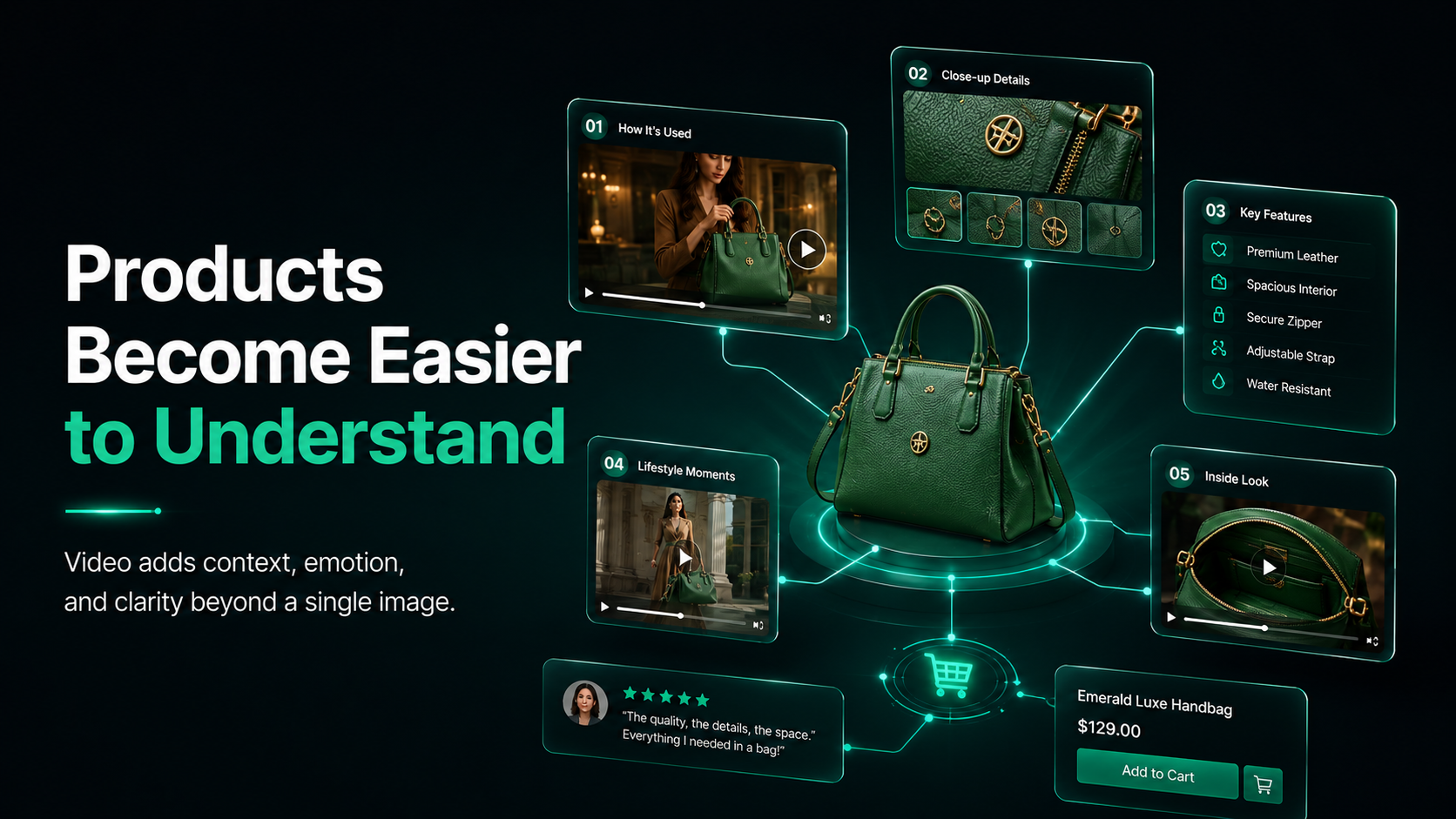 A technical breakdown infographic titled "Products Become Easier to Understand." It showcases an Emerald Luxe Handbag at the center with glowing connection lines pointing to five key product demonstration videos: How It's Used, Close-up Details, Key Features, Lifestyle Moments, and Inside Look. The bottom right features a price tag of $129.00 and a prominent "Add to Cart" button.
