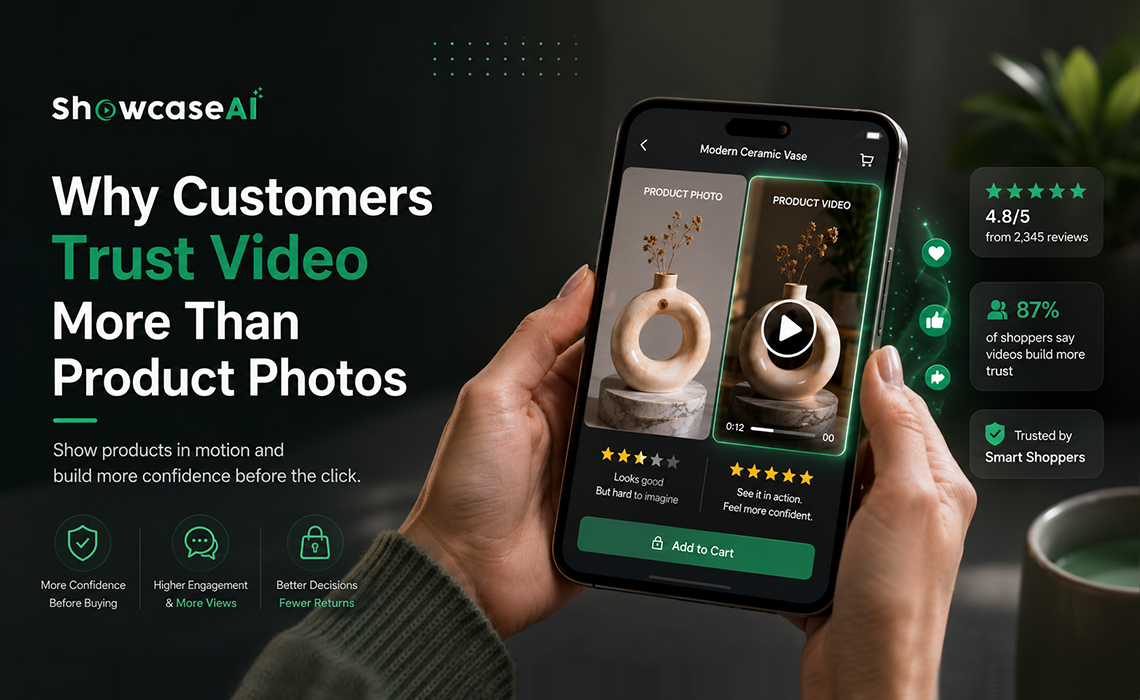 A professional marketing banner for ShowcaseAI titled "Why Customers Trust Video More Than Product Photos," showing a person holding a smartphone. The screen displays a side-by-side comparison of a static "Product Photo" and a dynamic "Product Video" of a modern ceramic vase. The right side features trust signals including a 4.8/5 rating from 2,345 reviews and a statistic stating 87% of shoppers trust video more.