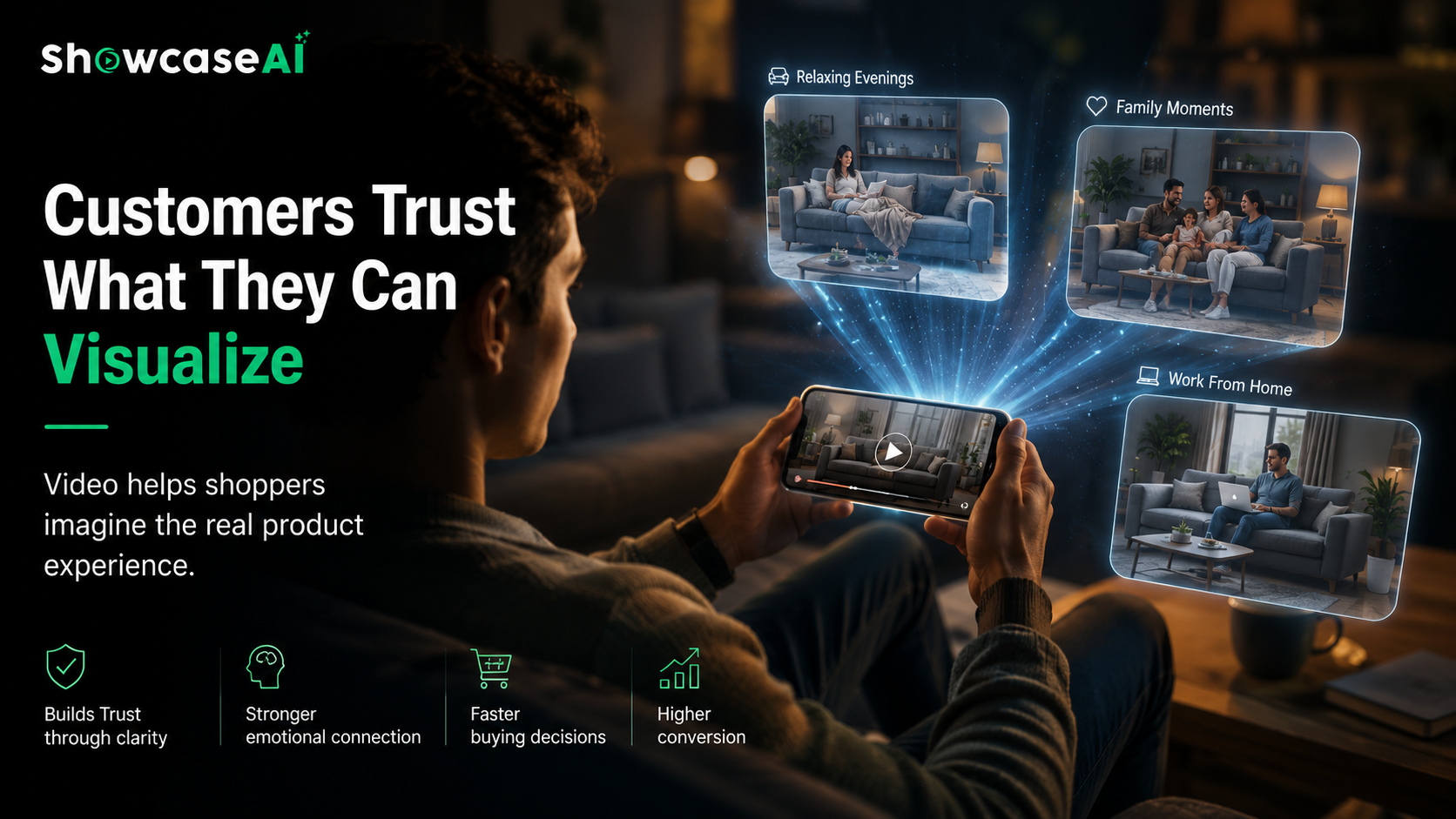 An atmospheric marketing image titled "Customers Trust What They Can Visualize." The visual shows a man sitting in a dimly lit living room, watching a product video of a sofa on his smartphone. Glowing digital windows hover above the phone, projecting the sofa in different lifestyle contexts: Relaxing Evenings, Family Moments, and Work From Home. The bottom icons list benefits: Builds Trust through clarity, Stronger emotional connection, Faster buying decisions, and Higher conversion.
