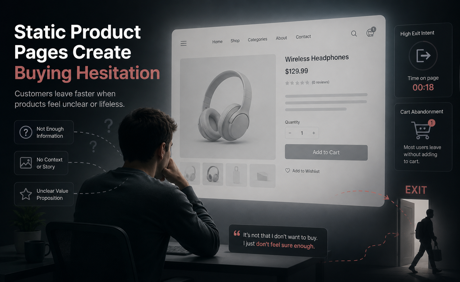 A dark-themed e-commerce marketing infographic titled "Static Product Pages Create Buying Hesitation" with a subtitle reading "Customers leave faster when products feel unclear or lifeless." On the left, three stacked wireframe boxes list consumer pain points: "Not Enough Information," "No Context or Story," and "Unclear Value Proposition," accented by floating question marks. In the center, a man sits at a desk facing away from the camera, resting his chin on his hand in a contemplative, hesitant posture. He is looking at a large, dim, desaturated grey mockup of a standard e-commerce website displaying a static image of white wireless headphones priced at $129.99 with 0 reviews and an un-engaging grey "Add to Cart" button. At the bottom of the screen, a quote bubble reads: "It’s not that I don’t want to buy. I just don’t feel sure enough," highlighting the phrase "don't feel sure enough" in red. The right side features two dark metric boxes: "High Exit Intent" with a "Time on page" clock stuck at "00:18", and "Cart Abandonment" with a red notification badge on a shopping cart icon stating "Most users leave without adding to cart." A red dotted line traces from the customer's screen down to the bottom right corner, where a silhouette of a person carrying a shopping bag is shown exiting through an open doorway labeled "EXIT" in glowing red letters.